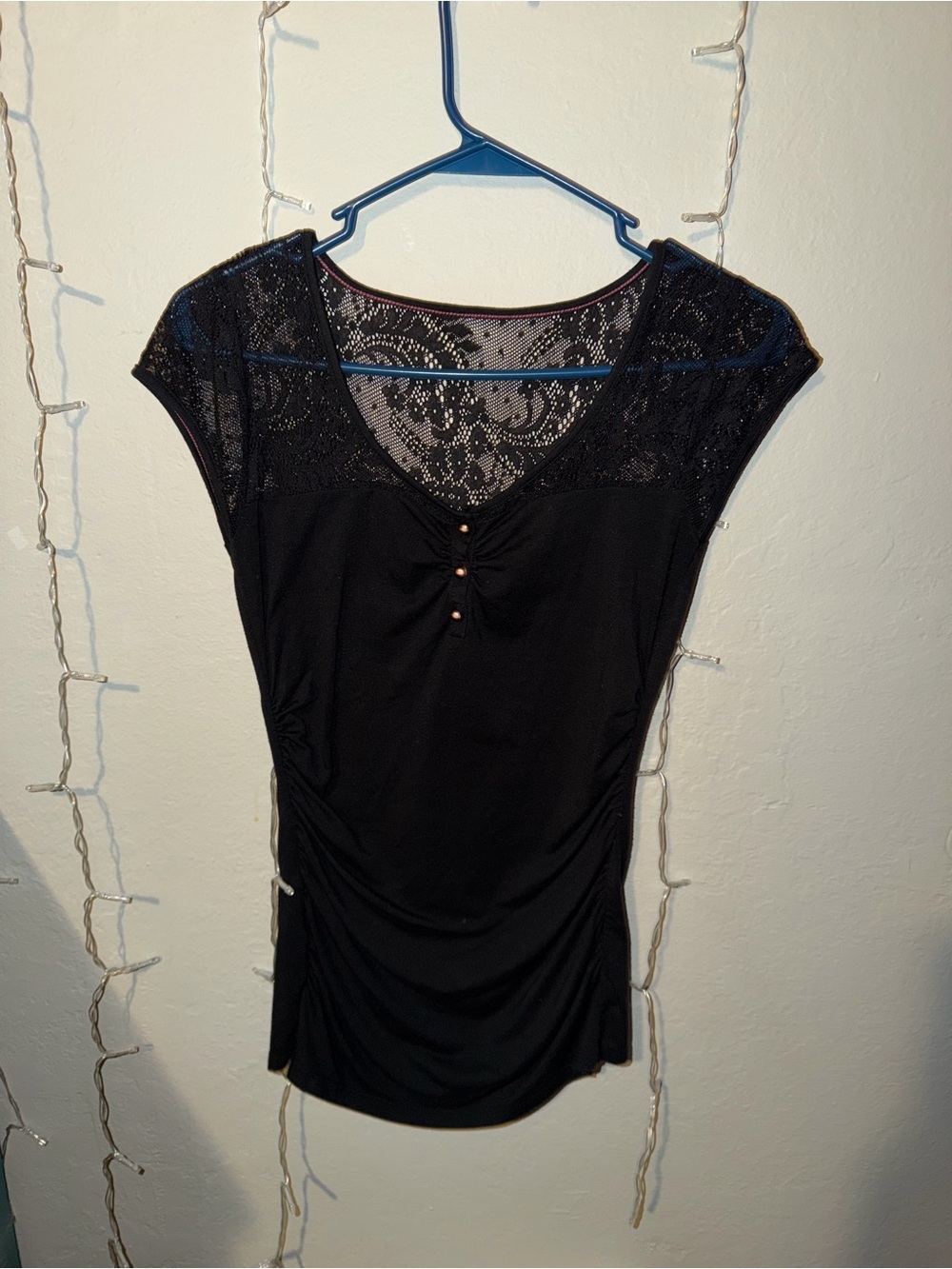 DKNY Black Lace Yoke Cap Sleeve Top